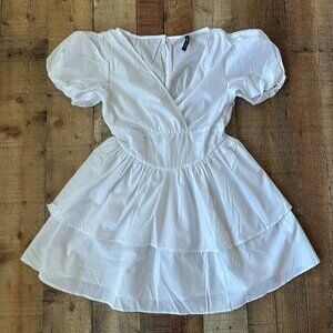 AsYou White Puff Sleeve Poplin Plunge Rara Mini Dress Size 6